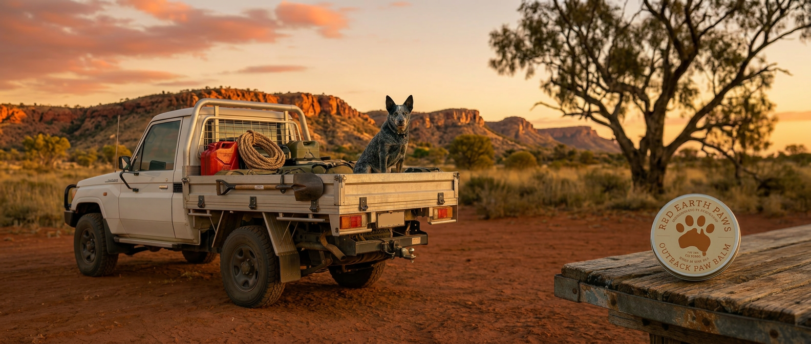 Red Earth Paws balm tin on a weathered table at an Australian outback campsite