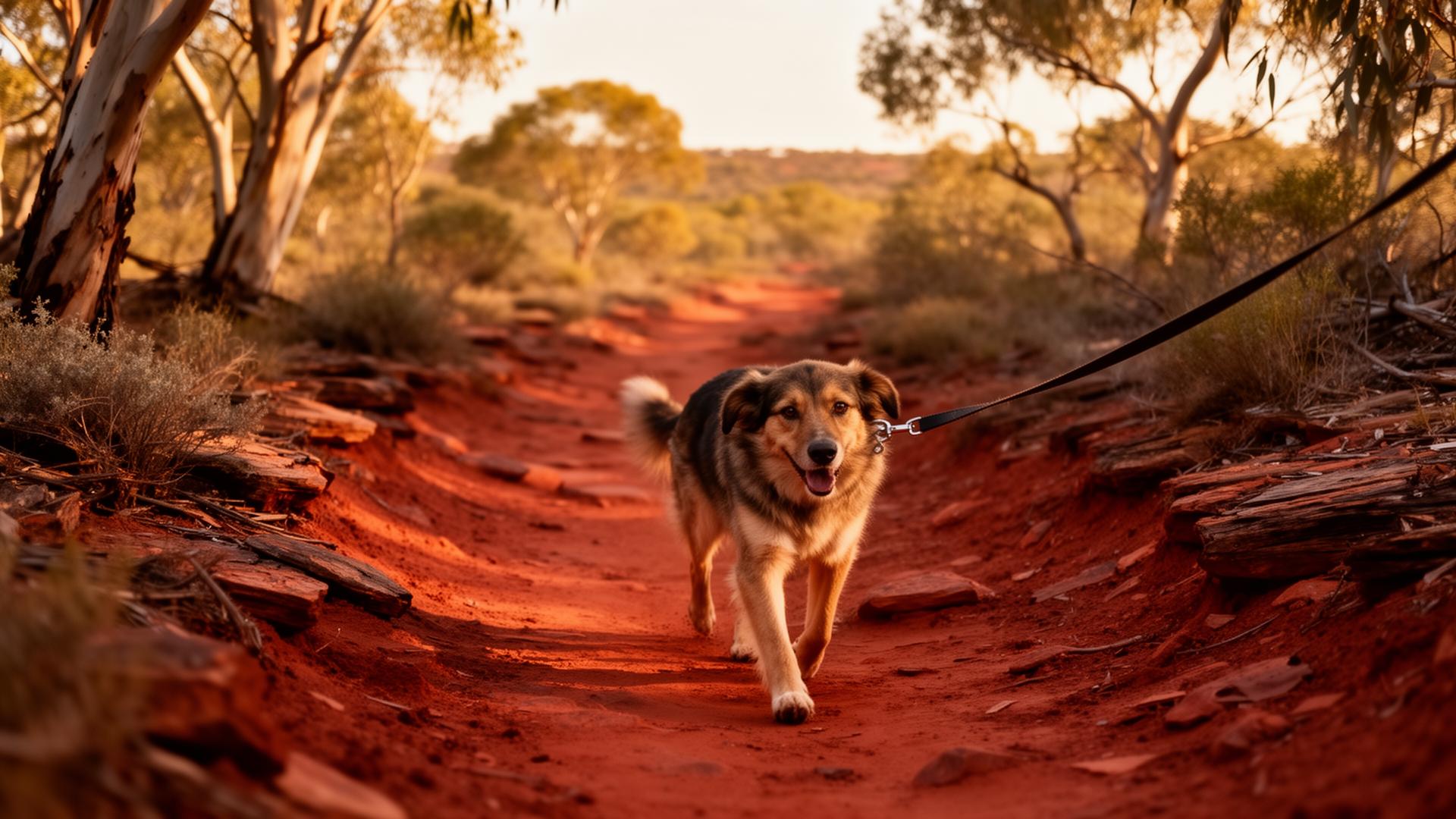 Dog on a leash walking a red dirt hiking trail